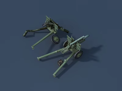 Two Green Military Artillery Weapons With Wheels And Brackets Structure 3d model