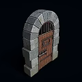 Medieval Stone Arch Door Structure With Wooden Panel Iron Bars And Metal Hinges