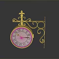 Vintage Gold Wrought Iron Wall Clock With Ornate Bracket And Roman Numeral Dial