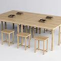 Large Wooden Desk With Joined Surface Small Boxes And Matching Stools 3d model