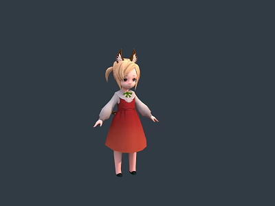 Cute Game Movie Character with Deer Antlers Pigtails Red Dress and White Blouse 3d model
