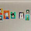 Colorful Cat Paintings With Various Styles And Poses On Wall 3d model