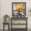 Traditional Black Wooden Console Table And Side Cabinet With Decorative Items Chair Painting And Plant