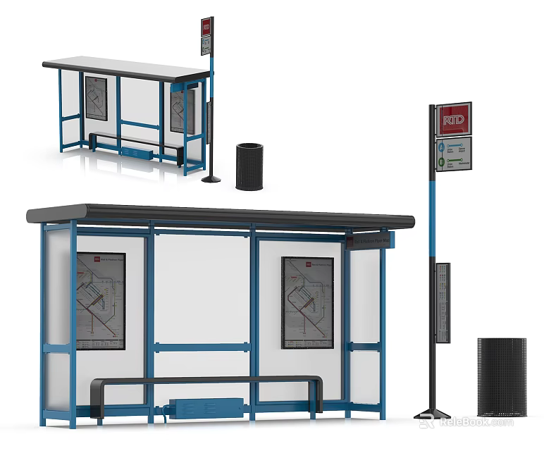 Bus Stop Shelter With Blue Frame Roof Bench Billboard And Trash Can 3d model 