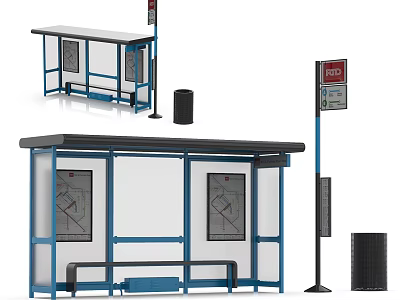 Bus Stop Shelter With Blue Frame Roof Bench Billboard And Trash Can 3d model