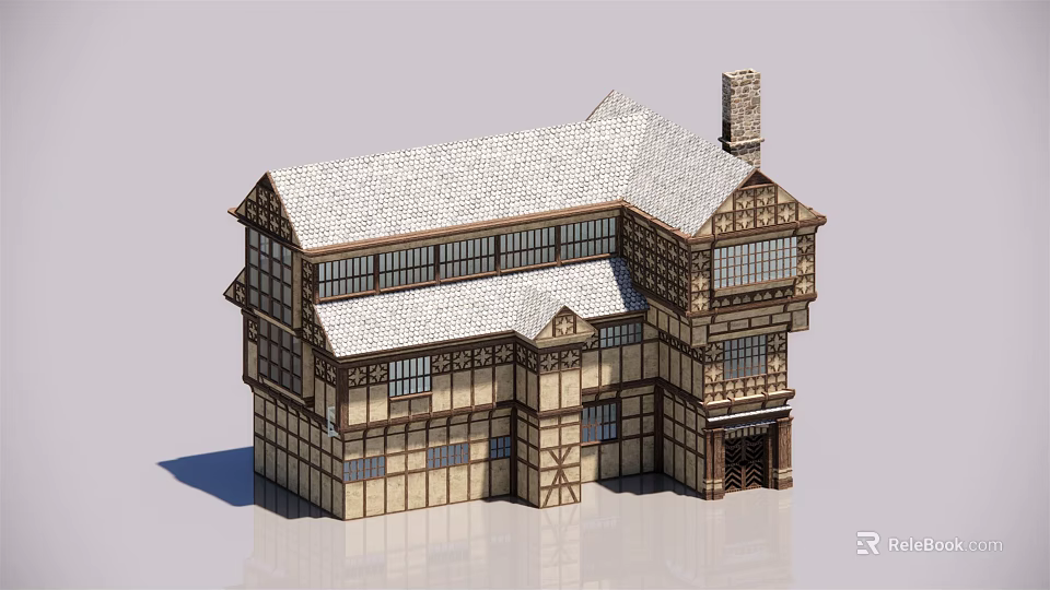 Traditional Tudor Style Timber Frame Building With Sloped Roof Chimney And Windows 3d model 