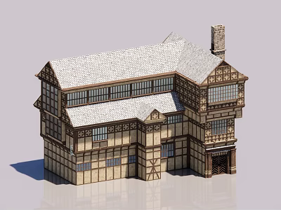 Traditional Tudor Style Timber Frame Building With Sloped Roof Chimney And Windows 3d model