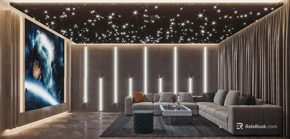 Cozy Modern Home Theater Room With Starry Ceiling Comfortable Sofa And Ambient Lighting 3d model 