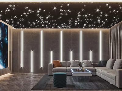 Cozy Modern Home Theater Room With Starry Ceiling Comfortable Sofa And Ambient Lighting 3d model