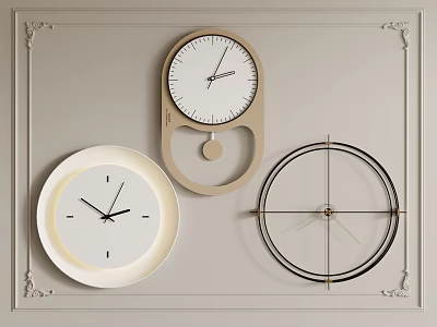 Three Artistic Wall Clocks With Unique Designs On Decorative Wall 3d model