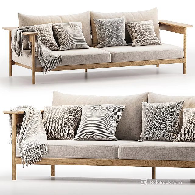 Light Gray Two Seater Sofa With Wooden Frame Textured Pillows And Throw Blanket 3d model 