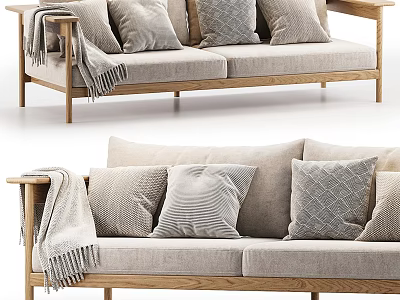 Light Gray Two Seater Sofa With Wooden Frame Textured Pillows And Throw Blanket 3d model