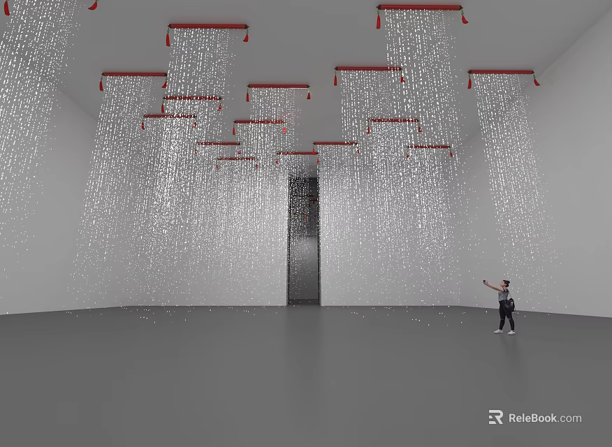 Interactive Art Installation Featuring Red Frames And Hanging White Threads In White Room 3d model 