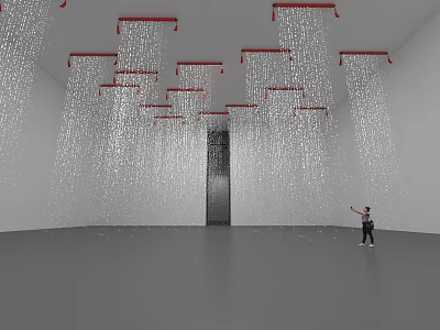 Interactive Art Installation Featuring Red Frames And Hanging White Threads In White Room 3d model