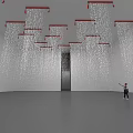 Interactive Art Installation Featuring Red Frames And Hanging White Threads In White Room 3d model