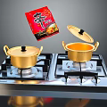 Stainless Steel Double Burner Gas Stove with Golden Pots and Open Lid