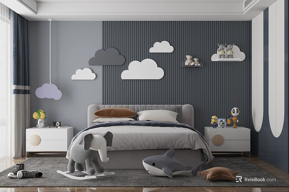 Modern Kids Room Interior with Gray Wall Cloud Decorations Bed and Stuffed Toys 3d model 