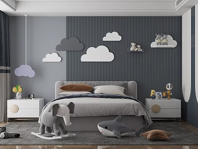 Modern Kids Room Interior with Gray Wall Cloud Decorations Bed and Stuffed Toys 3d model