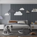 Modern Kids Room Interior with Gray Wall Cloud Decorations Bed and Stuffed Toys