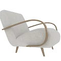 Comfortable Light Gray Fabric Accent Chair With Curved Wooden Armrests And Wooden Legs