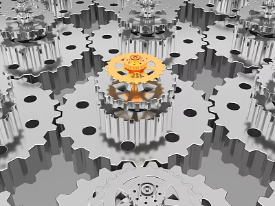 Hardware Tools Display Metal Gears with Central Orange Gear and Interlocking Structure 3d model