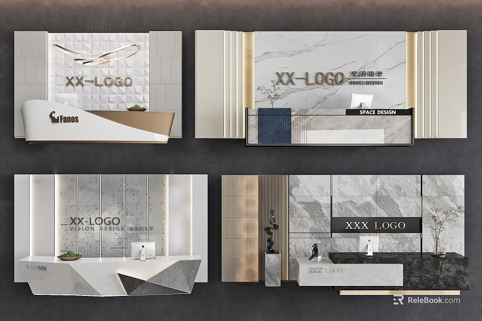 Modern Reception Background Wall Interior Design With Company Logo Marble Desk And Metal Strips 3d model 