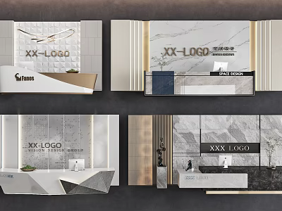 Modern Reception Background Wall Interior Design With Company Logo Marble Desk And Metal Strips 3d model