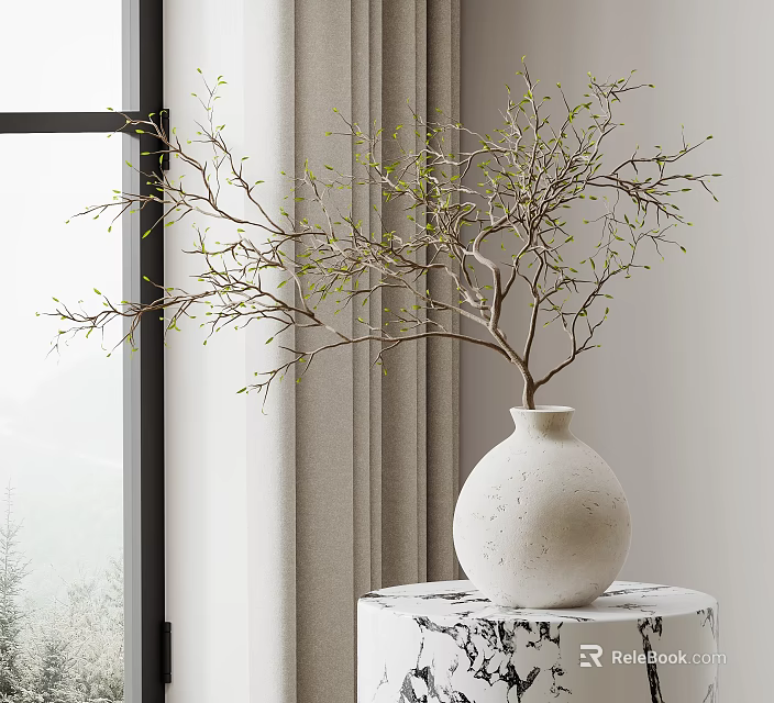 White Textured Ceramic Vase Holding Green Bud Twigs On Marble Table Near Window Curtain 3d model 