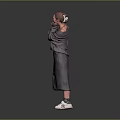 Woman in Gray Suit with Hands Near Cheeks and White Sneakers on Gradient Background