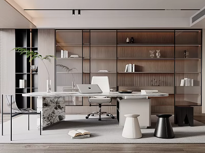 Modern Study Room Interior With Wooden Bookshelves Desk Laptop And Potted Plant 3d model