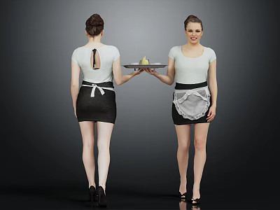 Two Women Waitresses in Uniform with Apron Holding Tray of Cake and High Heels 3d model