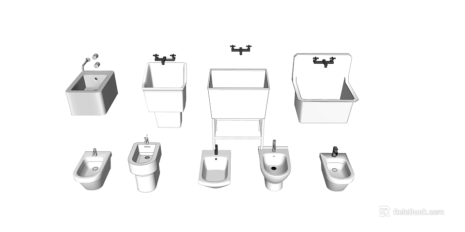 Various Bathroom Fixtures Collection Featuring Sinks Toilets And Faucet Designs 3d model 