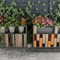 Garden Decorative Planters With Colorful Flowers Green Foliage Metal Frames And Wooden Panels