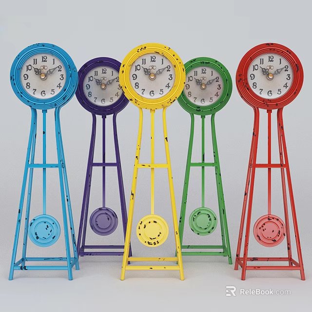 Colorful Standing Clocks With Metal Frames And Pendulum In Various Colors 3d model