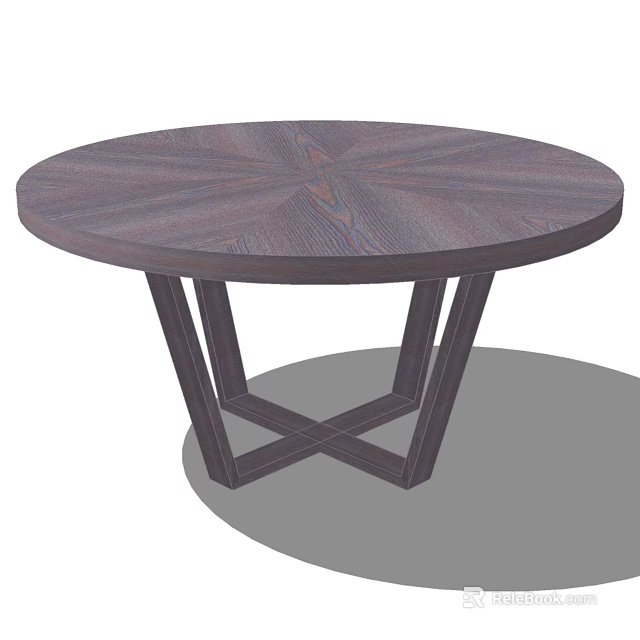 Round Dark Wooden Dining Table With Radial Pattern Top And Crossed Legs 3d model 