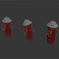Three Red Fire Hydrants With Silver Tops And Hanging Chains Design