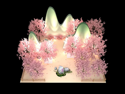 Pink Cherry Blossom Photo Spot With Mountain Shaped Backdrop And Decorative Trees 3d model