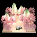Pink Cherry Blossom Photo Spot With Mountain Shaped Backdrop And Decorative Trees