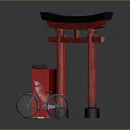 Japanese Torii Gate Scene With Red Vending Machine Lantern White Device And Bicycle