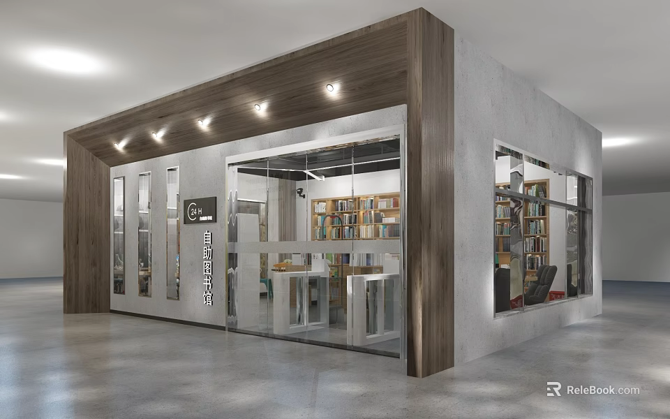 Modern Cultural Center Interior With Wooden Concrete Design Bookshelves Tables And Open Space 3d model 