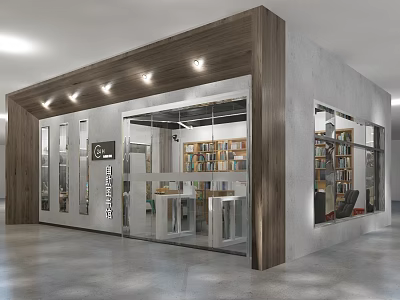 Modern Cultural Center Interior With Wooden Concrete Design Bookshelves Tables And Open Space 3d model