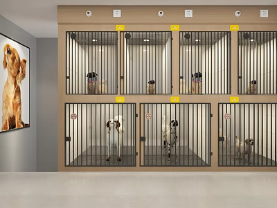 Pet Kennels With Dogs Inside And Dog Painting On Wall In Facility 3d model