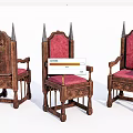 Vintage Style Wooden Armchairs With Red Cushions Carved Details And Spiked Backrests