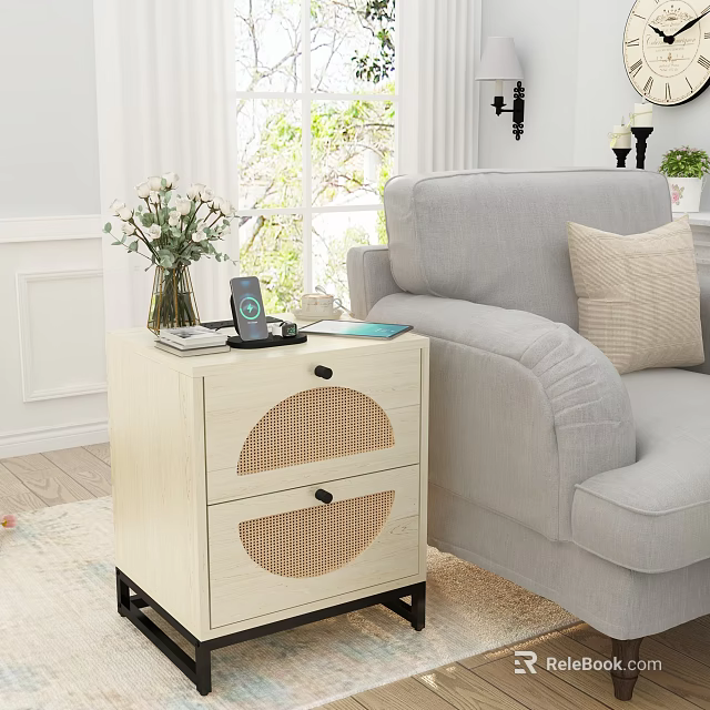 Light Bedside Table With Two Drawers Round Rattan Design Black Legs Smart Speaker And Book 3d model 
