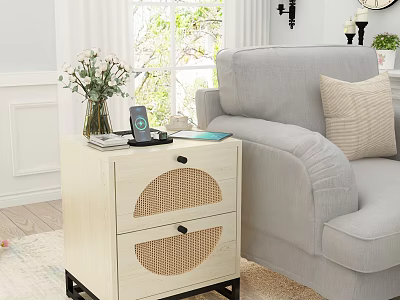 Light Bedside Table With Two Drawers Round Rattan Design Black Legs Smart Speaker And Book 3d model