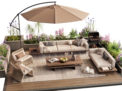 Outdoor Sofa Coffee Table Combination Leisure Chair Flower Pond Green Planting Flowers and Plants Combination 3d model