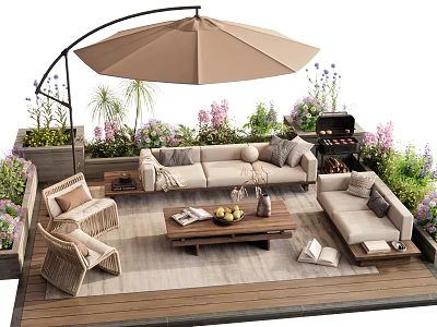 Cozy Outdoor Sofa Setup On Wooden Deck With Umbrella Grill Plants Coffee Table And Chairs 3d model