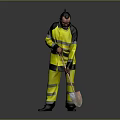 Man In Yellow Reflective Work Uniform Holding Shovel Standing Against Grey Background