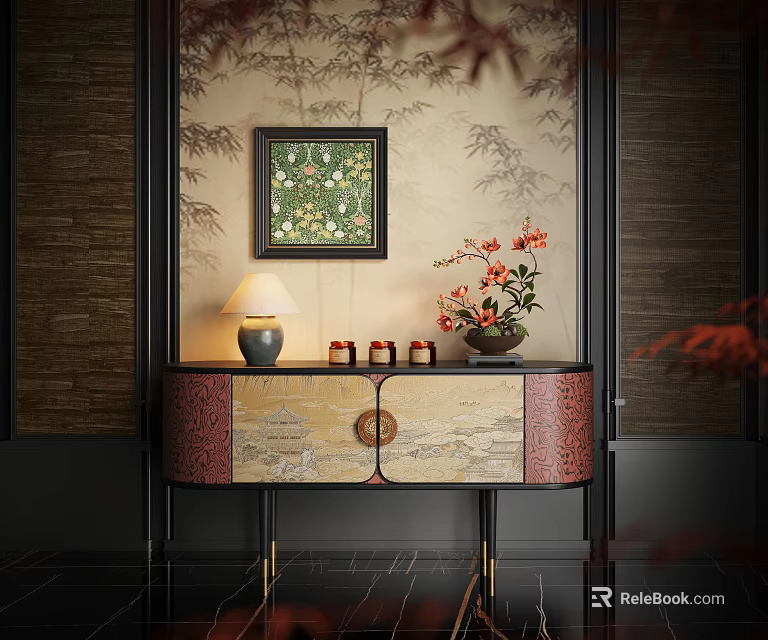Oriental Style Entryway Cabinet Sideboard With Floral Painting Table Lamp Red Jars And Orange Flowers 3d model 