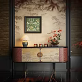 Oriental Style Entryway Cabinet Sideboard With Floral Painting Table Lamp Red Jars And Orange Flowers